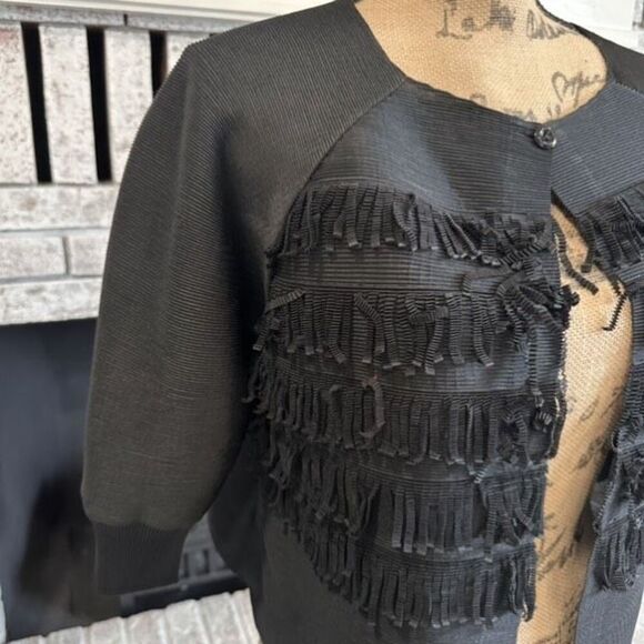 Black Silk Fringe Crepe Crinkle Textured Bolero Cardigan Jacket Artsy Cropped - Picture 2 of 8